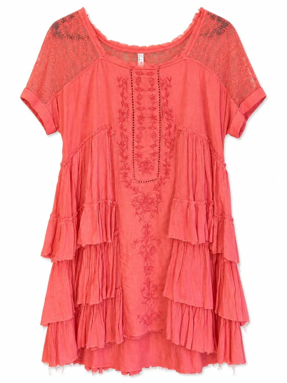 Free People Coral Sunbeams Tiered Lace Mini Dress NWOT